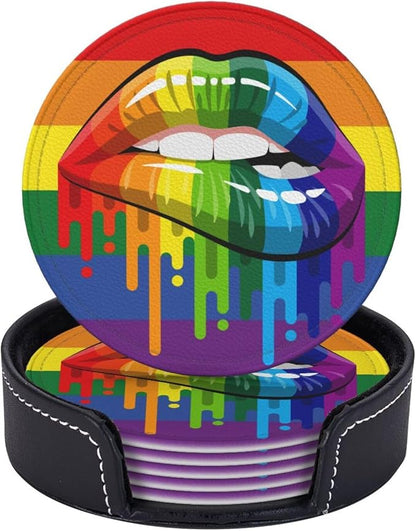 LGBT Pride Lips Drinking Coasters PU Leather Coaster by YISHOW