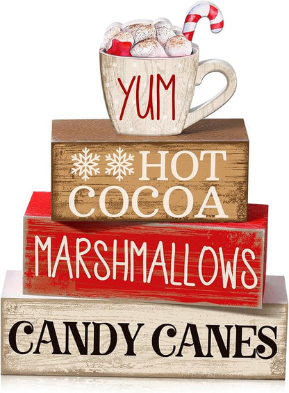 Moucuny 4 Pcs Wooden Christmas Tabletop Decor Hot Cocoa Tiered Tray Decor by Moucuny