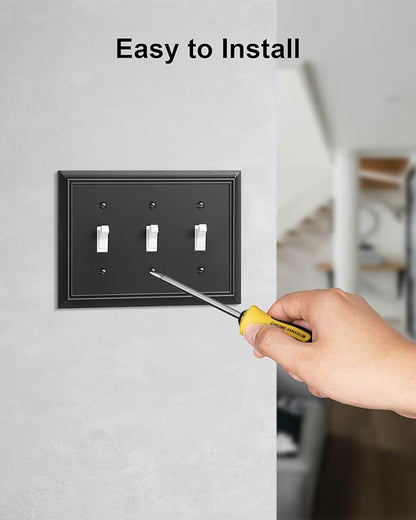 2-Pack Triple Toggle Light Switch Cover Plate, Durable Natural Bamboo Fiber Decorative Switch Plate Covers, Matte Black 3 Gang Wall Plate, Corrosion Resistant
