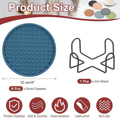 uxcell Set of 6 Round Drink Coasters with Holder, 4" Silicone Coaster for Drinks Non-Slip Cup Coaster Heat Resistant Glass Cushion for Bar Kitchen Office Decor, Navy Blue(Pentagon)