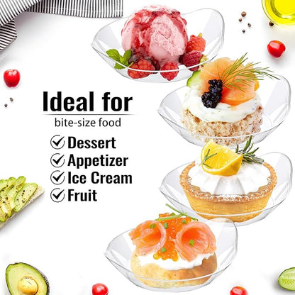 Kucoele 100 Pack Mini Dessert Plates, Small Clear Plastic Trays with Spoons Disposable Party Serving Plates for Appetizer, Dessert, Fruit