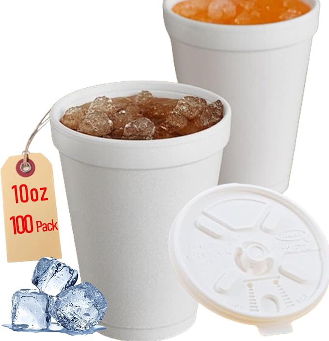 10OZ Foam Cups With Lids for Hot & Cold Drinks, USA-Made 100-Pack by MrMiracle