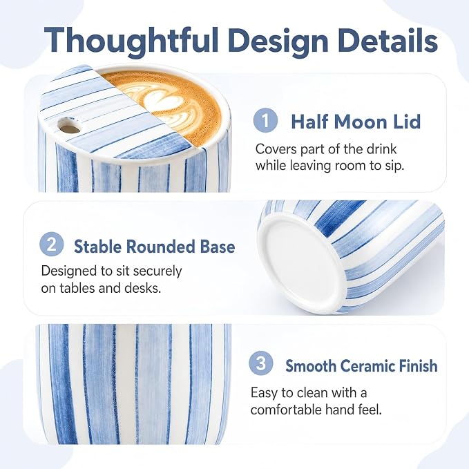 Ceramic Mug with Sip Hole 10 oz Novelty Blue Striped Ceramic Ice Coffee Mug - Image 3