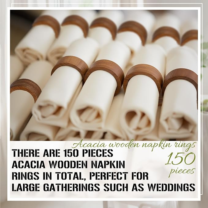 Zhehao 150 Pcs Wood Napkin Rings Bulk Acacia Brown Table Napkin Holder Buckles - Image 5