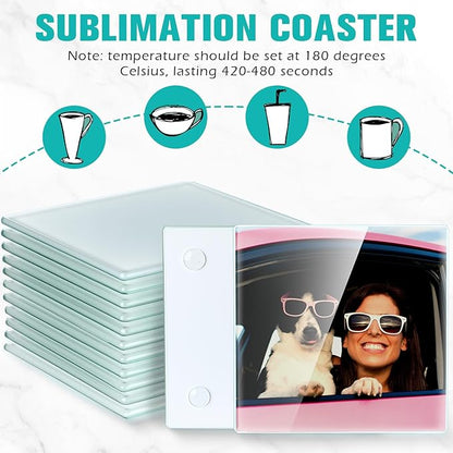 LemonRoad 12 Pcs Sublimation Blank Glass Coasters, 3.9 Inch Square DIY Photo Glass Drink Coasters with Foot Pads for Mugs, Cups, Dining Tables, Office, Kitchen, Home and Parties