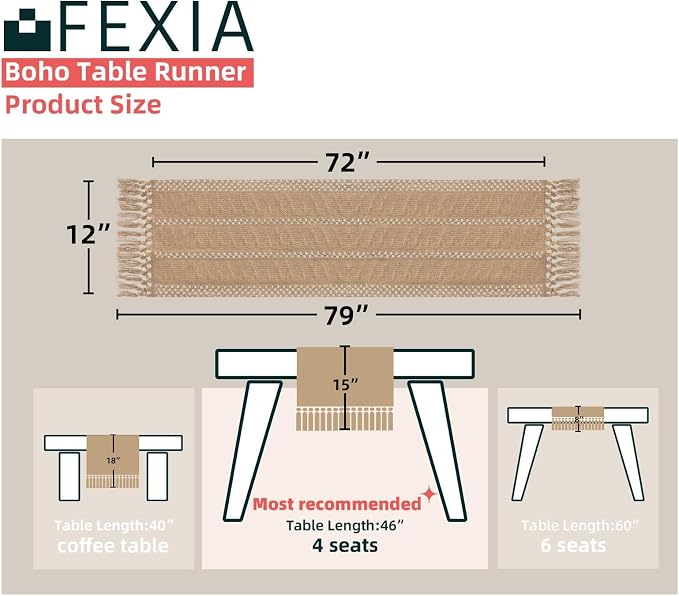 Boho Table Runner Fall Burlap Brown Coffee Table Decor 12x72 Inch | 72 Inches - Image 2