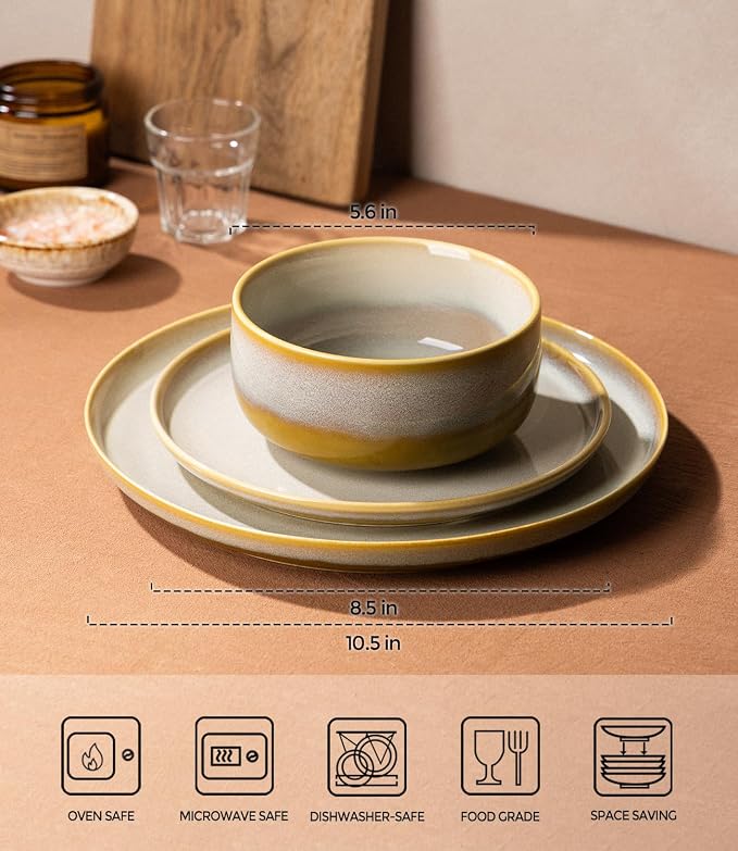 Ceramic Dinnerware Set for 4, 12-Piece Plates and Bowls Set | Handmade Reactive - Image 2