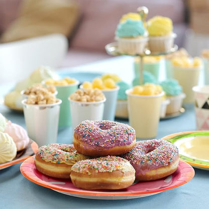 Huwena 200 Pcs Donut Paper Plates 7" Disposable Donut Party Plates Colorful Cute Serving Trays Snack Platter for Theme Birthday Assorted Designs Party Supplies