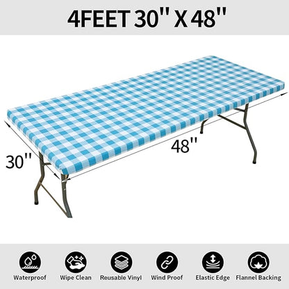 Smiry Rectangle Picnic Table Cloth, Elastic Waterproof Fitted Vinyl Tablecloths, Flannel Backed Buffalo Plaid Table Covers for Dining, Camping, Outdoor (White and Aqua, 36" x 72")