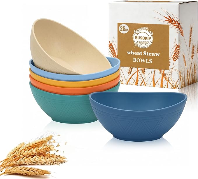 Wheat Straw Bowls 26oz, Unbreakable Ramen Bowl Set of 6, Oval Plastic Bowls by BUSOKIP