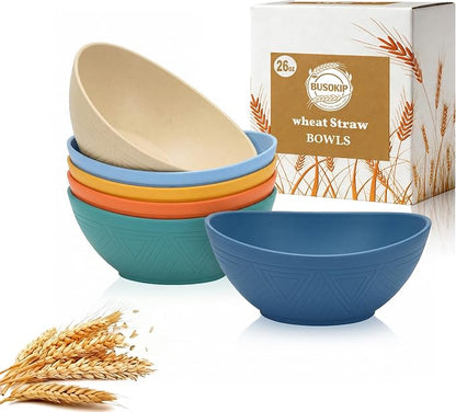 Wheat Straw Bowls 26oz, Unbreakable Ramen Bowl Set of 6, Oval Plastic Bowls by BUSOKIP