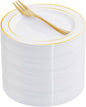 WELLIFE 60 PCS Gold Plastic Dessert Plates and 60 PCS Forks, 6.3 inch Disposable Salad Plates, Premium White Appetizer Plates with Gold Rims, Perfect for Party and Wedding