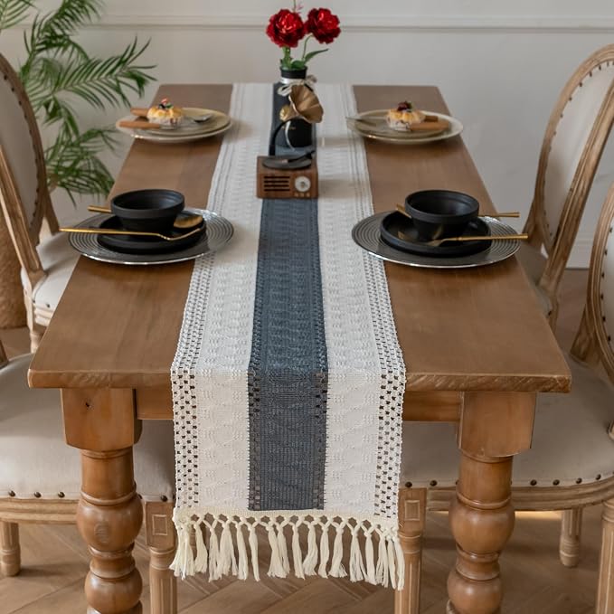 EMMTEEY Boho Table Runner with Tassels 108 Inches Long, Stone Blue | Handmade by EMMTEEY