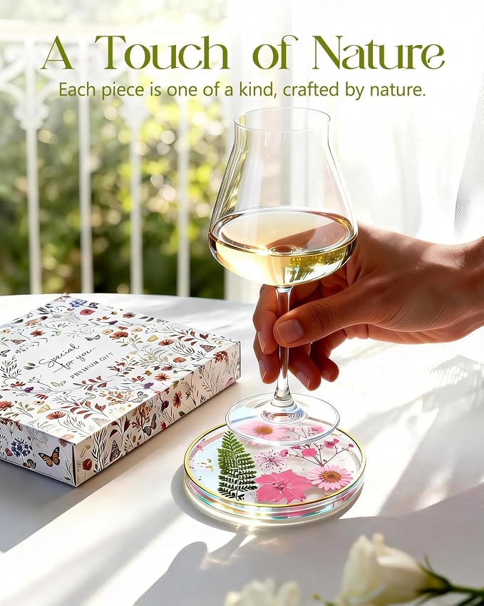Oqplog Resin Drink Coaster for Desk Coffee Table-Pink Cute Dried Flowers Cup - Image 3