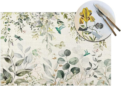 Spring Place mats Set of 4,12x18 Inches Green Floral Bird Eucalyptus Leaf Decorative Summer Decor Leaf Placemats Rectangle Spring Table Mats for Party Home Kitchen Dining Table Decoration