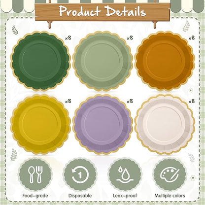 48 Pcs Nature Wedding Paper Plates 9 Inch Sage Green Purple Scalloped Paper Disposable Dinner Dessert Plates for Birthday Wedding Bridal Party Supplies, 6 Colors
