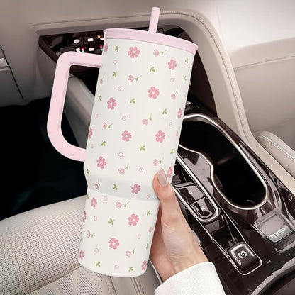 Floral 40oz Tumbler with Handle and Straw – Flowers Insulated Stainless Steel - Image 6
