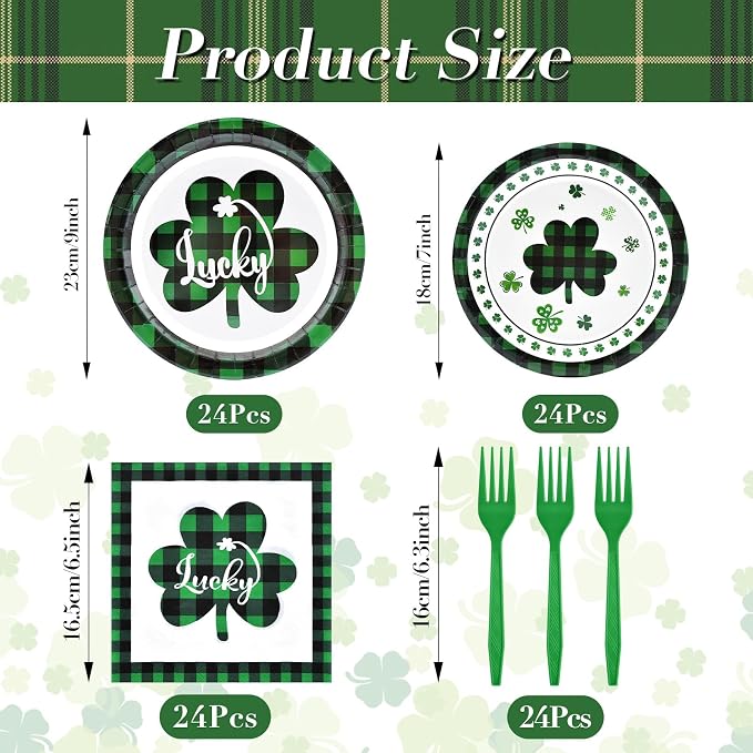 96 Pieces St. Patrick’s Day Tableware Set – Green and Black Plaid Shamrock - Image 2
