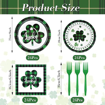 96 Pieces St. Patrick’s Day Tableware Set – Green and Black Plaid Shamrock - Image 2