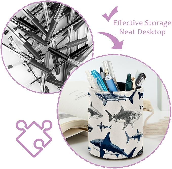 Leather Pen Holder for Desk, Sharks Pencil Cup Pen Organizer Makeup Brush - Image 4