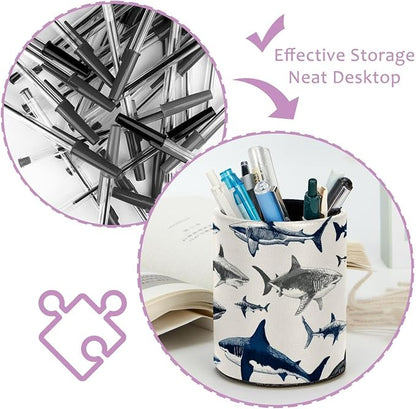 Leather Pen Holder for Desk, Sharks Pencil Cup Pen Organizer Makeup Brush - Image 4