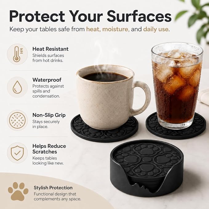 Black Silicone Coasters with Holder, 4 Inch Modern Non-Slip Drink Coasters Set - Image 2