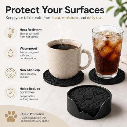 Black Silicone Coasters with Holder, 4 Inch Modern Non-Slip Drink Coasters Set - Image 2