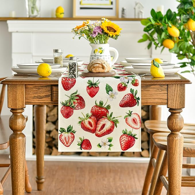 Artoid Mode Strawberry Wildflowers Fruit Spring Summer Table Runner, Seasonal - Image 2
