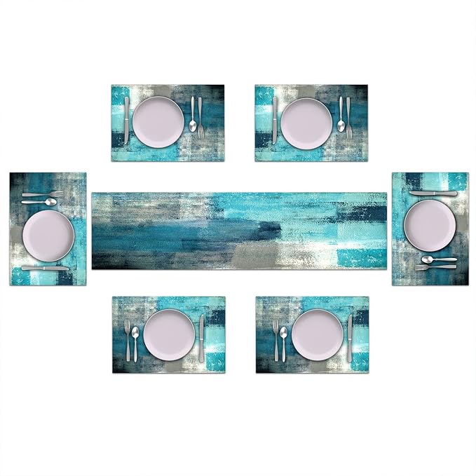 Teal Blue Abstract Table Runner and Place Mats Set of 6 Turquoise Teal - Image 2
