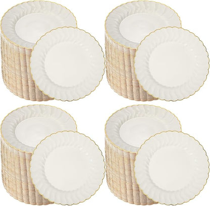 Mifoci 100 Pcs 7.5 Inch Ivory with Gold Rim Plastic Disposable Plates Bulk Salad Dessert Appetizer Cake Plates Elegant Fancy Plastic Tableware for Party Holiday, Wedding, Catering Table Decoration