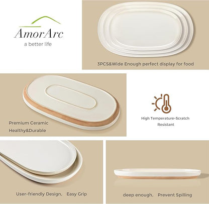 AmorArc Large Ceramic Serving Platter, 15.5"/14"/12.2" Oval Platters Microwave Safe, Serving Trays for Wedding, Stoneware Serving Dish for Entertaining&Party, Set of 3