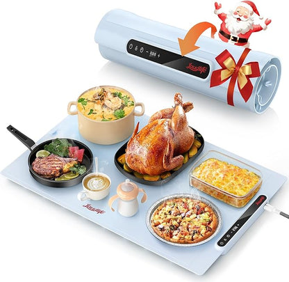 Electric Warming Mat for Food, Roll-Up Silicone Heating Pad with 7 Adjustable Tempmaster Levels, Foldable Warming Tray for Countertop,Buffet Party, Kitchen & Home, Child Lock, Light Blue
