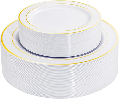 I00000 60 Pieces Gold Plastic Plates, Heavy Duty White and Gold Plastic Plates for 30 Guests Include: 30 Gold Rim Dinner Plates and 30 Gold Dessert Plates Perfect for Wedding & Party