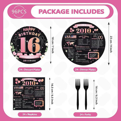 96Pcs 16th Birthday Party Decorations, Serves 24 | Rose Gold Plates and Napkins - Image 2