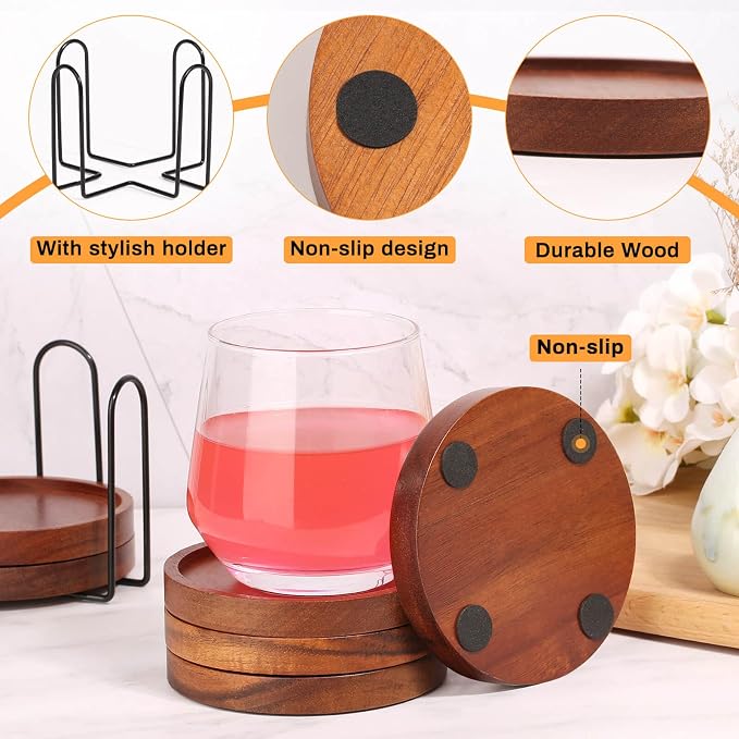Wooden Coasters Set of 6 with Holder, Acacia Wood Drink Coasters - Image 4
