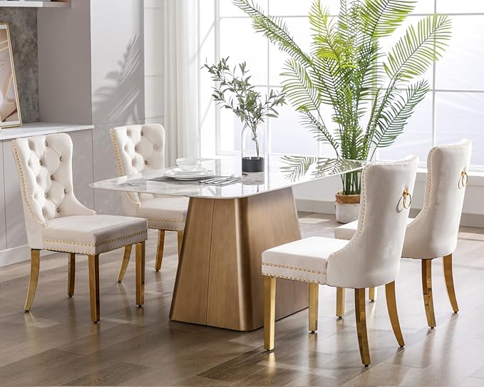 KCC Velvet Dining Chairs Set of 6, Upholstered High-end Tufted Dining Chair with Nailhead Back Ring Pull Trim Stainless Steel Legs, Contemporary Nikki Collection Modern Style for Kitchen, Beige
