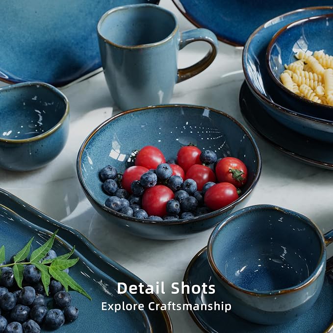Highland 16pc Dinnerware Set, Unique Organic Shape Double Bowl, Stoneware Plate - Image 5