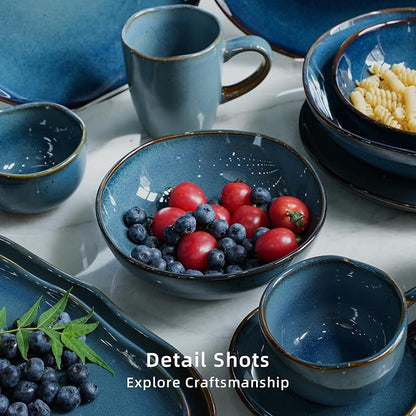 Highland 16pc Dinnerware Set, Unique Organic Shape Double Bowl, Stoneware Plate - Image 5