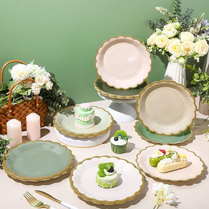 96 Pcs Sage Green Paper Plates 9 Inch Gradient Scalloped Paper Disposable Dinner Dessert Plates for Birthday Wedding Bridal Party Supplies, 6 Colors