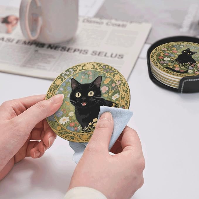 6 Pcs Black Cat Flower Drink Coasters - Image 5