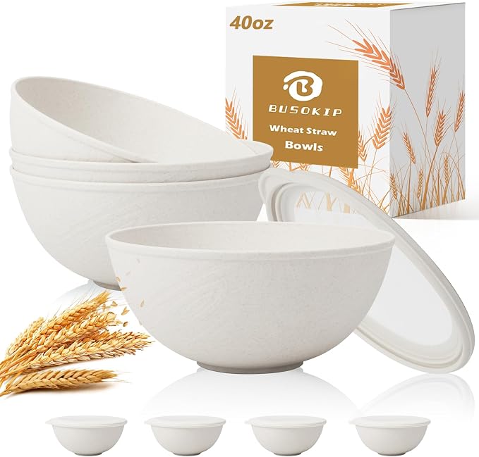 40 OZ Salad Bowl with Lid, Unbreakable Wheat Straw Bowls Sets, Cereal Bowls by BUSOKIP