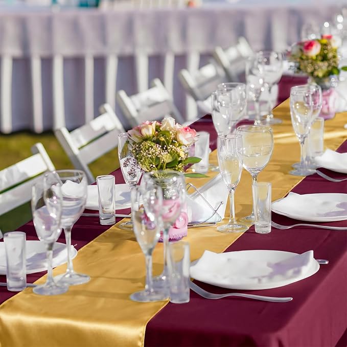 16 Pack Burgundy and Gold Disposable Plastic Tablecloths and Satin Table Runner - Image 4
