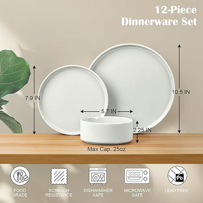 E-far Stoneware Dinnerware Sets, 12-Piece Plates and Bowls Dish Set for 4, Kitchen Modern Dinning Dishware, Chip and Scratch Resistant, Microwave & Dishwasher Safe, Speckled White