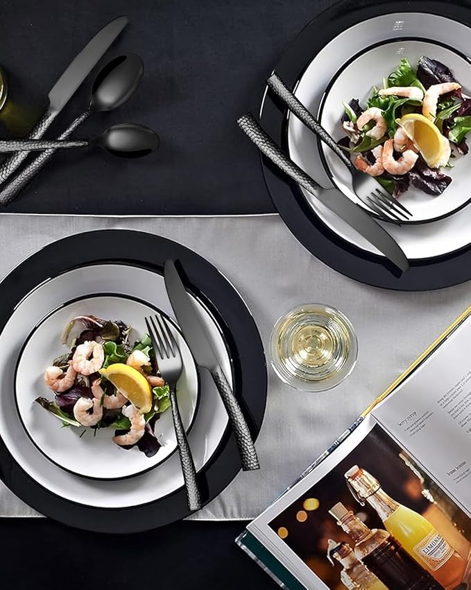 EUIRIO 40-Piece Black Hammered Silverware Set, Stainless Steel Black Flatware - Image 3