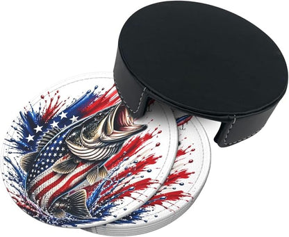 Patriotic Bass Fishing Splash Leather Coasters Set of 6 - Image 3