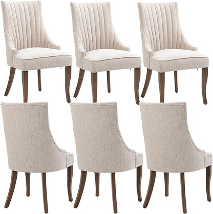 mikibama Linen Dining Chairs Set of 6 Channel Tufted Kitchen Dinner Chair Comfy Fabric Upholstered Accent Chair for Dining Room with Solid Wood Legs (Beige 6pc)