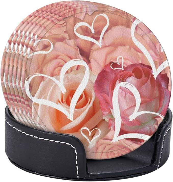 Drink Coasters with Holder Stand Set of 6, Heart Pink Rose Flower Pu Leather - Image 2