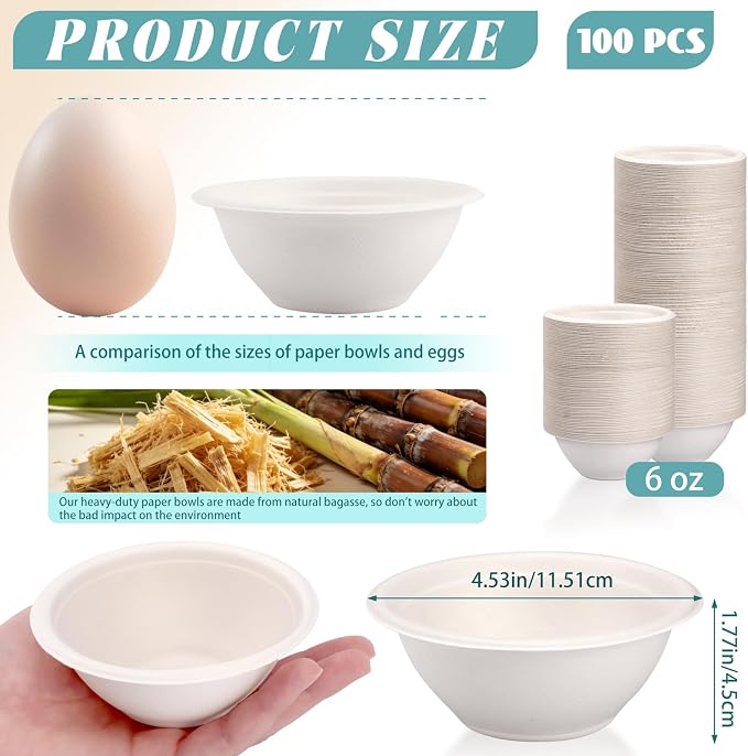 LeonBach 100 Pack 6 oz Natural Bagasse Fiber Paper Bowls, Small Compostable - Image 2