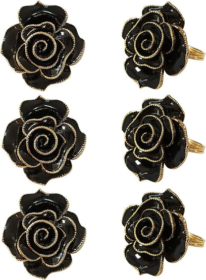 Black Napkin Rings Set of 6,Flower Rose Napkin Holder Rings Buckles,Bloom Napkin Holders Set for Table Decoration Wedding Valentine’s Christmas Easter Dinner Party