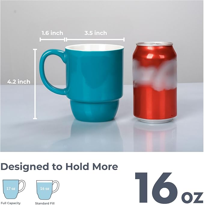 Stackable Porcelain Coffee Mug Set of 4 – 16oz Large Handle, Space-Saving - Image 3